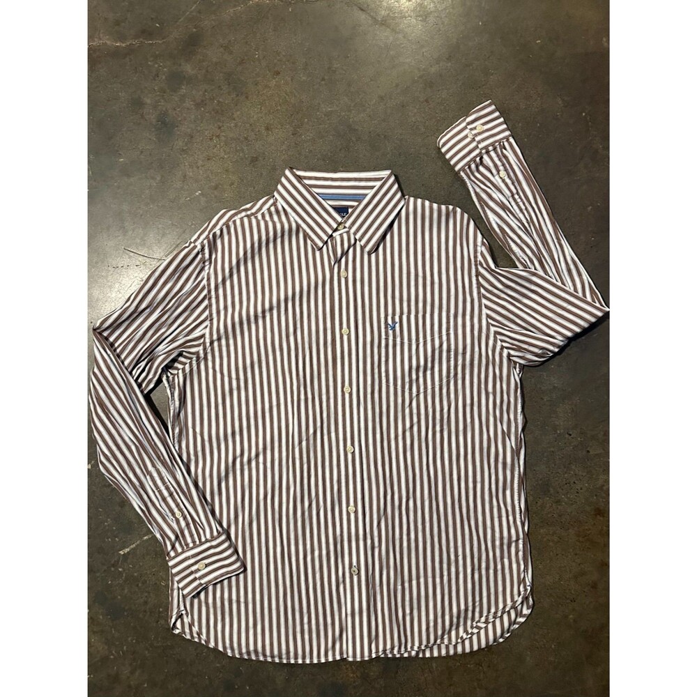American Eagle Men's Striped Button-Down Dress Shirt Blue White Brown Size XL